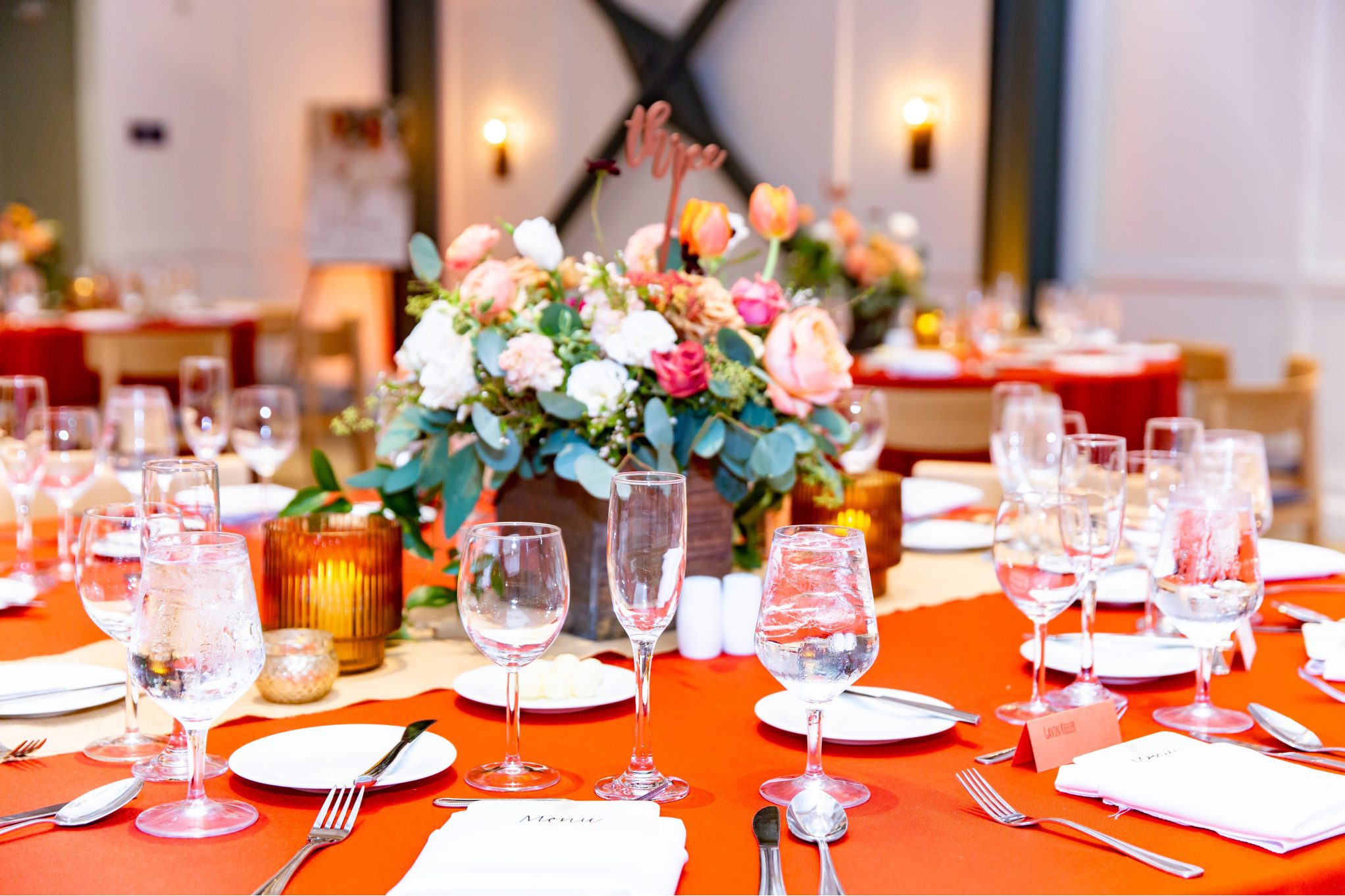 Close up view of table scape for an annual non-profit award ceremony and fundraising gala hosted in Orange County.